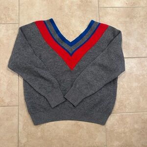 Sandro Gray V‑Neck Sweater with Red and Blue Trim